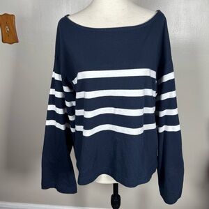 Faherty Navy Blue Nautical Stripe Mariner Boat Neck Long Sleeve Sport Jersey Top